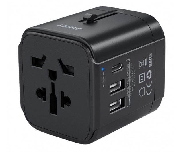 AUKEY PA-TA01 Black uniwersalny podróżny adapter sieciowy 2xUSB+1xUSB C | 7.8A | pasuje w 150 krajach - 1220043 - zdjęcie